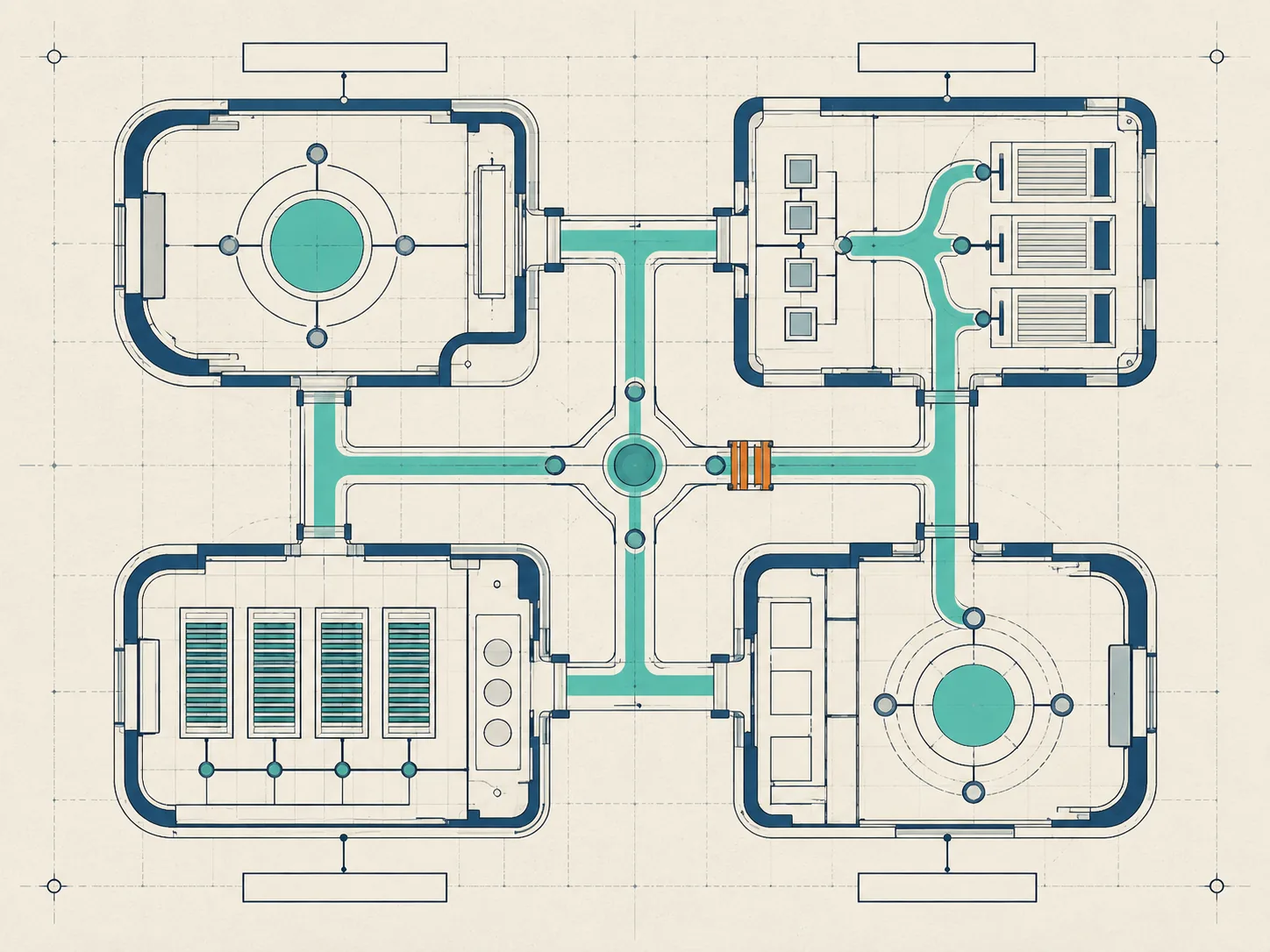 Editorial diagram of a governed chain: a sealed mandate linked through authority and operation to assurance.