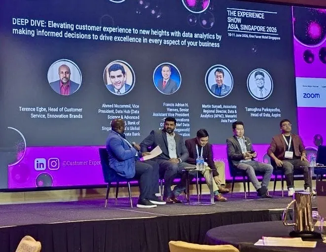 Panel on stage at The Experience Show Asia 2026 for Deep Dive: Elevating customer experience, with Ahmed Muzammil among the panellists